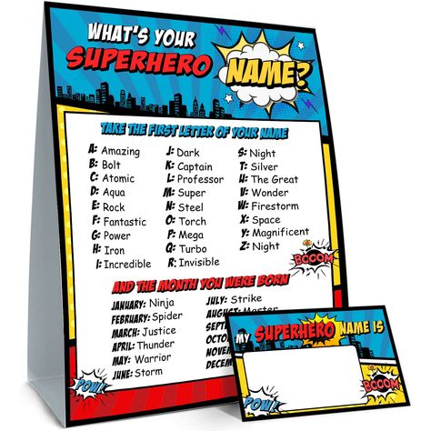 PRICES MAY VARY. Packing includes: 1pcs unframed superhero names sign and 30 cards, If you are looking for a fun and affordable party game and you simply can’t go wrong with this fun superhero name game Applicable Occasion: Superhero theme sign for boys party decoration, This game will be a marvelous addition to any party. Ideal for boys or teens superhero Birthday party, bachelorette party, Christmas and other celebration events Chic design: designed by professional designer independently. The Super Hero Name, Superhero Birthday Party Games, Create Your Own Superhero, Boy Party Decorations, Name Game, Superhero Names, Spiderman Birthday Party, Birthday Activities, Name Games