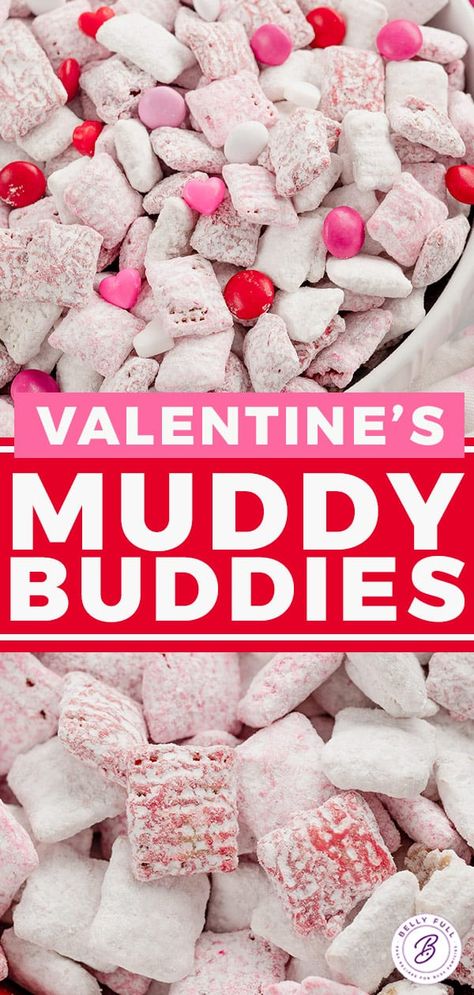 Quick and easy Cupid Muddy Buddies with a holiday flair for Valentine's Day! You're only 5 ingredients and 15 minutes away from one of the most delicious and addicting snacks ever! Perfect for classroom parties or sweet little gifts for all your loved ones. Valentine Puppy Chow, Easy Valentines Snacks, Chow Puppy, Muddy Buddies Recipe, Valentines Party Food, Valentines Recipes Desserts, Valentines Treats, Puppy Chow Recipes, Valentines Snacks