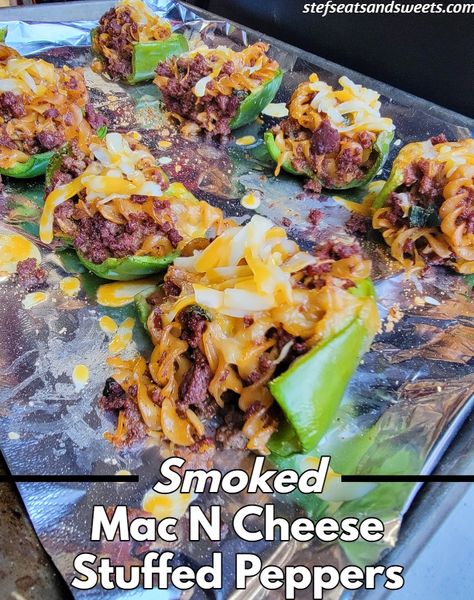 Smoker Stuffed Peppers, Smoked Stuffed Bell Peppers, Smoked Bell Peppers, Smoked Bell Peppers In Smoker, Smoked Stuffed Peppers, Orange Pepper Recipes, Smoked Mac N Cheese, Traeger Cooking, On The Smoker