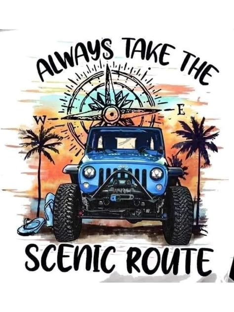 Jeep Tshirts, Adventure Shirt Design, Jeep Covers, Jeep Art, Always Take The Scenic Route, Beach Jeep, Jeep Stickers, Jimny Suzuki, Blue Jeep