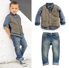 trajes para niños de Boy Vest Outfit, Boys Vest Outfit, Boys Dressy Outfits, Denim Shirt Outfit, Toddler Vest, Vest Outfit, Toddler Boy Fashion