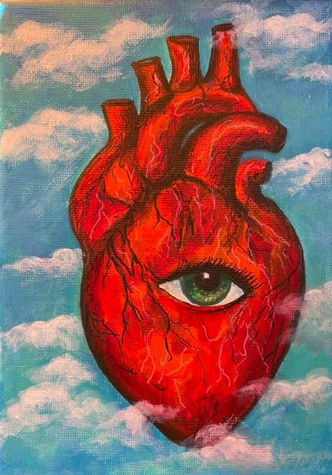 Trippy Heart Drawing, Heart With Eyes Drawing, Aesthetic Eye Art, Juxtaposed Art, Third Eye Painting, Hearts With Eyes, Heart With Eyes, Modernism Art, Eyes Painting