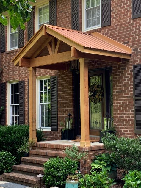 Front Door With Overhang, Front Door Awning Ideas Entrance, Covered Side Door Entry, Portico Entry Double Door, Front Door Roof Overhang Entrance, Small Front Porch Roofs, Cedar Awning Over Door, Roof Over Front Door Entrance, Simple Portico Entry