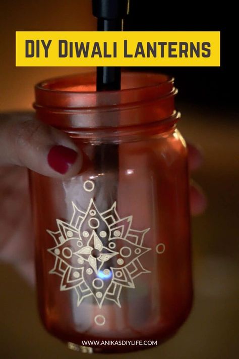 Make this easy diy diwali lantern using glass jars and cricut or gold paint. Great step by step tutorial for making diwali lanterns Creative Lantern Ideas For Diwali, Diwali Glass Painting Ideas, Home Made Diwali Lamp, Diy Lamp For Diwali, Diy Diwali Lanterns, Diwali Lattern Making, Diwali Lantern, Diwali Lamps, Diy Wall Decals