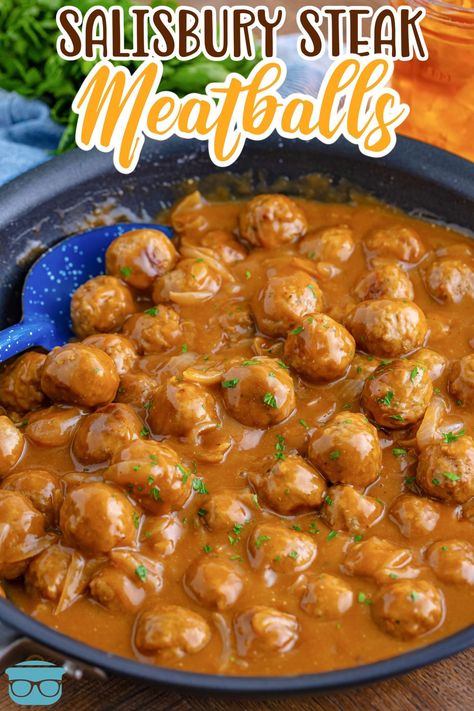 Hamburger Steak Meatballs, Baked Salisbury Steak Meatballs, Salisbury Steak Meatballs Stovetop, Meat Ball Recipes, Recipes With Meatballs, Meals For A Large Family, Recipes Using Meatballs, Salisbury Meatballs, Bacon Wrapped Meatballs