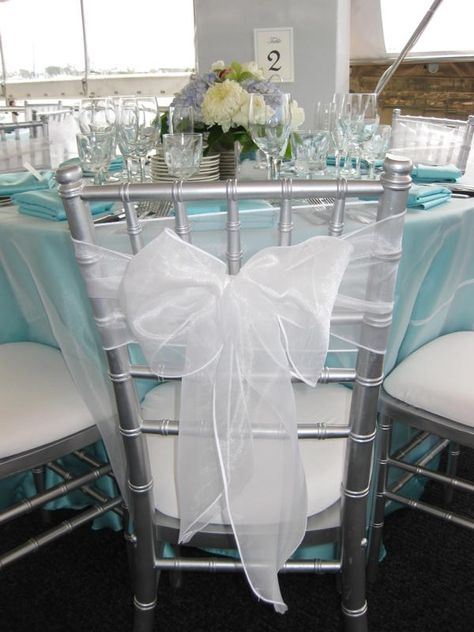 Nascar Wedding, Chiffon Chair Sash, White Chair Sash, White Chair Cover With White Sash, Light Blue Wedding Chair Sash, White Chair Covers With Silver Sash, Organza Sash Chair, Chivari Chairs, Organza Overlay