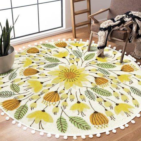 Amazon.com: Uphome Round Rug for Bedroom 4' Circle Cute Area Rug with Pom Poms Fringe Floral Plant Washable Throw Rugs Non-Slip Soft Floor Mats for Entryway Laundry Living Room Kid‘s Room Nursery : Home & Kitchen Round Bathroom Rugs, Nursery Yellow, Entryway Laundry, Soft Floor, Circular Rugs, Yellow Living Room, Rug For Bedroom, Circle Rug, Yellow Tones