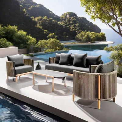 The rope is hand-woven, flexible, durable, waterproof, and sun-proof. | A Zoetic Home Waterproof durable patio sofa set in Gray | 5 | Wayfair Modern Outdoor Sectional, Patio Sofa Set, Sunbrella Cushions, Patio Bar, Outdoor Heating, Patio Sofa, Conversation Set Patio, Patio Dining Set, Bistro Set