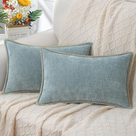 Amazon.com: decorUhome Chenille Soft Throw Pillow Covers 12x20 Set of 2, Lumbar Velvet Farmhouse Pillow Covers, Decorative Pillow Covers with Stitched Edge for Couch Sofa Bed, Aqua Haze : Home & Kitchen Farmhouse Pillow Covers, Light Blue Pillows, Pillow Covers Decorative, Modern Pillow Covers, Soft Throw Pillows, Plaid Throw Pillows, Couch Pillow Covers, Linen Stitch, Coastal Boho