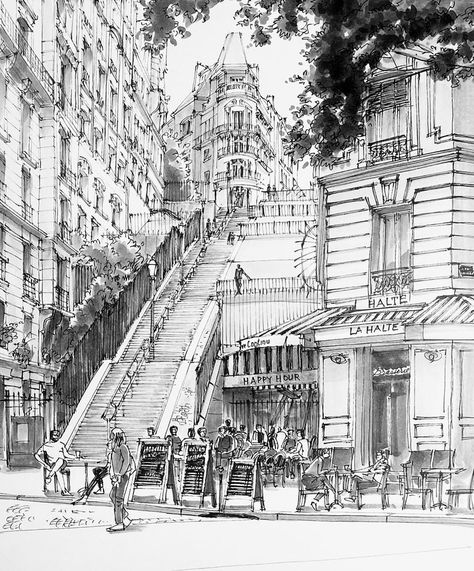 Drawings Of Paris, Paris Drawing, Parisian Architecture, 3d Architectural Rendering, City Sketch, Copic Art, Building Drawing, Architecture Sketchbook, Landscape Sketch