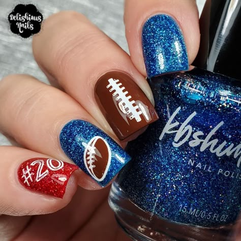 (paid link) OPI Nail Lacquer Nail Polish in Suzi Talks With Her Hands   Essie Nail Polish Glossy Shine Finish in Cause & Reflect. Football Nails Design Mom, Rams Nails, Cheerleading Nails, Game Day Nails, Super Bowl Nails, Nfl Nails, Football Nail Designs, Lion Nails, Football Nail Art