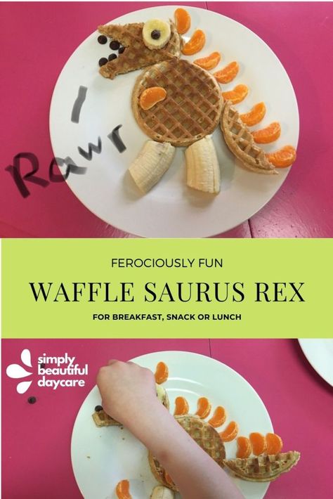 I was browsing fun waffle meals on Pinterest and fell in love with this Dino one that I have dubbed “Waffle Saurus Rex”. Isn’t it cute?! Waffle Creations, Cute Food For Kids, Food Art Ideas, Dinosaur Food, Food For Kids, Frozen Waffles, Food Art For Kids, Dinosaur Themed Birthday Party, Food Shapes