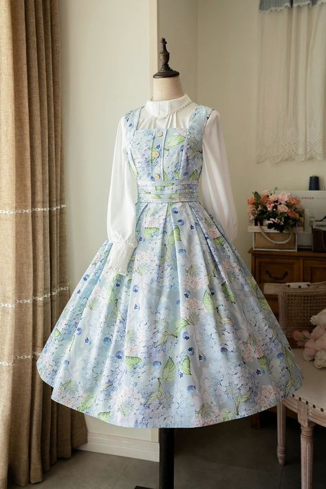 Forest Basket 2.0 Print Square Neckline Lolita JSK Blue Hydrangea Watercolor, Light Blue Hydrangea, Vestidos Pin Up, Hydrangea Watercolor, Ribbon Blouse, Neck Ribbon, Jumper Skirt, Pin Up Dresses, Vestidos Vintage