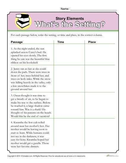 Students learn about Story Elements by reading 4 different passages and writing the setting (time and place) for each of the passages. Click here to print! Literary Elements Worksheet, Teaching Setting 4th Grade, Character And Setting Worksheet, Teaching Setting Of A Story, Story Setting Worksheet, Setting Of A Story, Plot Worksheet, Reading Skills Worksheets, Story Elements Worksheet