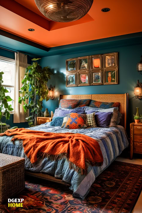 A boho bedroom is awash with deep teal (#008080) and harmonizes with accents of burnt orange (#CC5500). A cozy teal bed stands out amidst bohemian decor, and eclectic burnt orange pillows and decorations add warmth. The walls, adorned with diverse artworks, amplify the room's eclectic charm, and modern lighting sets an inviting mood, accentuating the detailed textures and patterns. Teal And Orange Bedroom, Teal Boho Bedroom, Burnt Orange Bedroom, Maximalist Room, Bedroom Ideas Luxury, Eclectic Decor Bedroom, Teal Bedroom, Bed Color, Decor 2023