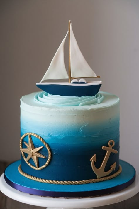 Nautical Sailboat Cake with Ombre Waves and Anchor Details Floating Cake, Sailing Cake, Navy Birthday Cake, Navy Cake, Cake With Sails, Sailor Birthday Cake, Sailing Theme Cake, Nautical Smash Cake, Sailor Theme Cake