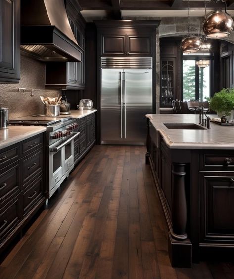 Dark Wood Floor In Kitchen, Black Cabinets Dark Floors, Kitchen Dark Flooring, Black Hardwood Floors Kitchen, Black Kitchen Wooden Floor, Dark Brown House Aesthetic, Apartment Dark Aesthetic, Dark Wood Kitchen Floors, Dark Hardwood Floors Aesthetic