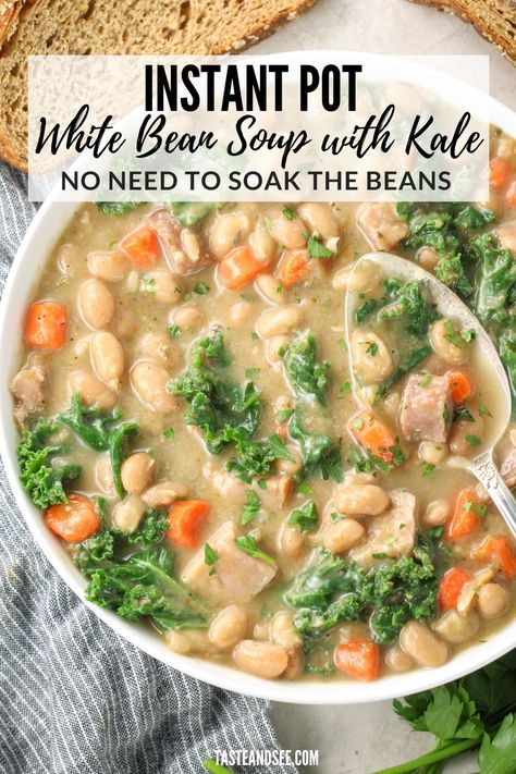 Instant Pot White Bean Soup, White Bean Soup With Kale, Bean Soup With Kale, Gathering Recipes, Kale And Bean Soup, Steak Veggies, White Bean Kale Soup, Soup With Kale, Kale Soup Recipes