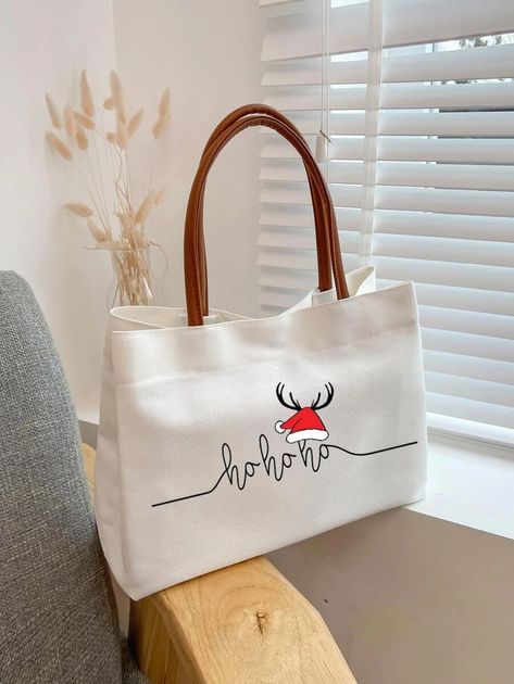 Christmas Print Shopper Bag | SHEIN USA Christmas Tote Bag Ideas, Christmas Tote Bags Diy, Christmas Totes, Diy Bag Painting, Decorated Tote Bags, Diy Tote Bag Design, Painted Canvas Bags, Fitness Beach, Boho Tote Bag