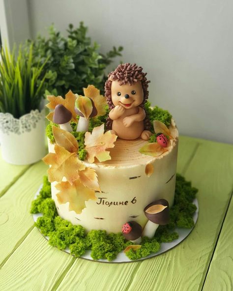 Birthday Cake Hedgehog, Cake With Hedgehog, Woodland Cake Ideas, Hedgehog Cake Ideas, Forest Animals Cake, Hedgehog Birthday Cake, Toadstool Cake, Woodland Birthday Cake, Farm Birthday Cakes