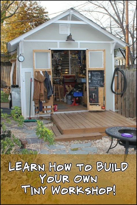 Work Freely in a Dedicated Space by Building Your Own Tiny Workshop Tiny Workshop, Deck Building Plans, Storage Shed Kits, Workshop Shed, Shed Building, Man Shed, Modern Shed, Shed Base, Large Sheds