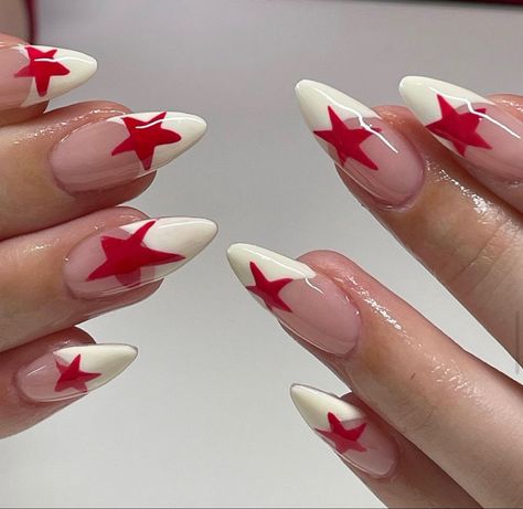 Red And White Striped Nails, Designs On White Nails, White And Red Nail Designs, Bright Holiday Nails, Russian Nail Art, White And Red Nails, Red Star Nails, Firework Nails, Summery Nails