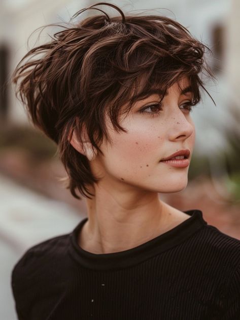 Haircuts For Oval Shaped Face Short, Pixie Cut For Oval Face, Fall Hairstyles For Short Hair, Short Messy Hairstyles, Enby Hair, Razored Haircuts, Summer Hair Color Ideas, Cute Bangs, Chic Hairstyle