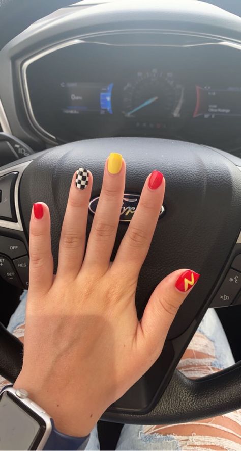 Disney Cars Nails Acrylic, Red Lightning Bolt Nails, Lightning Mcqueen Nail Art, Cars Acrylic Nails, Disney Car Nails, Disney Cars Theme Nails, Race Inspired Nails, Disney Cars Nail Art, Lightning Mcqueen Nails Art Ideas