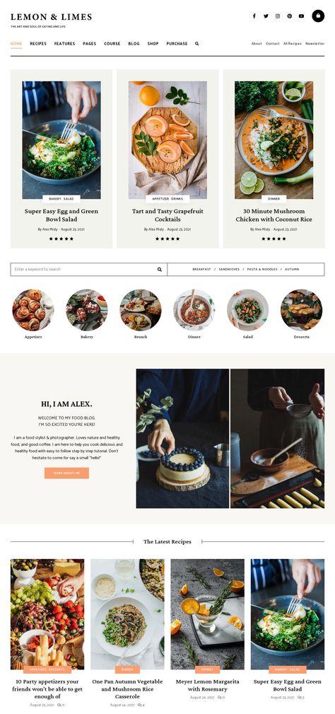 Give your personal food blog a more professional look with the Lemon & Limes WordPress theme template. You can easily install this theme and selecting from various demos, such as the one showcased in the image, and you're good to go! Enhance the clarity of your cooking instructions for readers with the user-friendly Recipe Plugin for Food Bloggers that comes included. For those who prefer to use the Elementor plugin, rest assured that this WordPress food blog theme design provides full support. Food Website Background Images, Food Blog Layout, Food Blog Template, Food Website Layout, Food Blog Website Design, Recipe Website Design, Catering Website Design, Food Website Design Inspiration, Website Design Product