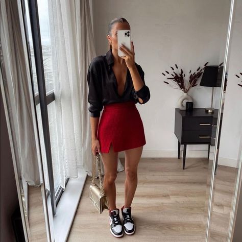 Green Two Piece Skirt Set, Wrap Party Outfit, Summer Night Outfits 2023, Zara Shoes 2024, Going Out Outfits With Sneakers, Dress And Jordans Outfit, Day Shopping Outfit, Jordans And Dresses Outfits, Red Skirt Outfit Aesthetic