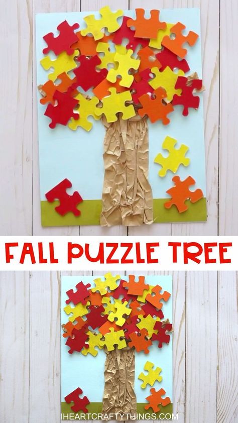 FALL PUZZLE TREE CRAFT -Have any puzzles with missing pieces laying around the house? Here is a fun way to use them to make a simple fall tree craft. Easy fall craft for preschoolers and kids of all ages! Puzzle Tree Craft, Puzzle Tree, Autumn Puzzle, Thanksgiving Crafts For Toddlers, Preschool Crafts Fall, Crafts Fall, November Crafts, Thanksgiving Decorations Diy, Craft Easy