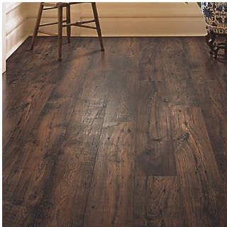 Mohawk Rugged Vision 7.5" x 54.34" x 11.93mm Chestnut Laminate Flooring in Dark Brown #diy #flooring #decor #affiliate Dark Brown Vinyl Flooring, Dark Lvp Flooring, Laminate Wood Flooring Colors, Dark Laminate Flooring, Dark Laminate, Diy Basketball, Flooring Diy, Hickory Cabinets, House Flip