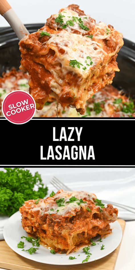 This Slow Cooker Lasagna is one of the best easy crock pot recipes.  It's pure comfort food without the fuss. Slow Cooked Lasagne, Slow Cooker Lasagne Recipes, Slow Cooker Lasagna Easy, Slow Cook Lasagna Crock Pot, Lasagna Recipe Crock Pot, Slow Cooker Meals For A Crowd, Crockpot Recipes Overnight, Crockpot Lazy Lasagna, Lasagna Crockpot Recipes