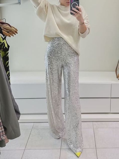 Ivory Turtleneck + Silver Sequin Pants + Heels Sequin Pants With Sweater, Silver Sparkle Pants Outfit, Silver Sparkly Pants Outfit, Silver Sequin Outfit Ideas, Sequence Pants Outfit Holiday Parties, How To Style Silver Sequin Pants, Silver Pants Christmas Outfit, Silver Sequin Trousers Outfit, Style Sequin Pants