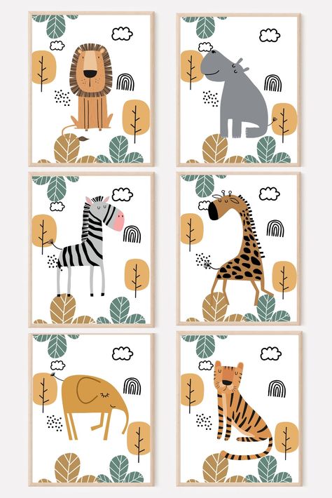 Introducing our delightful Animal Nursery Print Set of 6, a charming collection designed to create a whimsical and adventurous atmosphere for your little one's nursery. These adorable prints feature enchanting animal illustrations, perfect to spark your child's imagination and curiosity about the natural world. Animals Jungle, Baby Canvas, Safari Animal Prints, Baby Painting, Easy Canvas Art, Animal Illustrations, Nursery Animal Prints, Safari Nursery, Kids Room Art