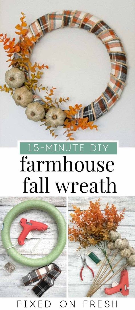 Foam Wreath Ideas Diy Fall, Fall Wreath Using Foam Wreath, Simple Autumn Wreath, Fall Wreath Crafts For Adults, Simple Diy Fall Wreath, Simple Fall Wreath Diy, Farmhouse Fall Wreath Diy, Fall Wreaths Ribbon, Fall Ribbon Crafts