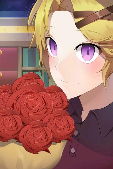 Yoosung Kim with a bouquet of roses Yoosung Kim, Otome Game, Mystic Messenger, Anime