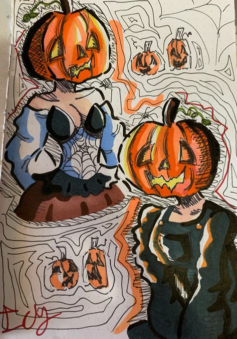 Halloween Sketchbook Ideas, Messy Sketchbook Pages, Halloween Sketchbook, Red Drawing, Pumpkin Girl, Fall Art Projects, Sketchbook Inspo, Cute Sketches, Oc Drawings