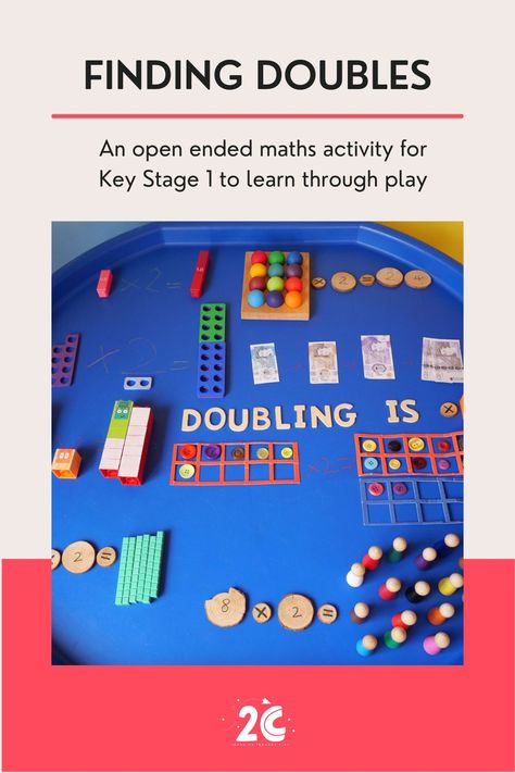 For this Key Stage 1 maths activity, we set-up an open ended challenge. This time they had 15 minutes to make as many doubles as they could. First, we recapped what they knew about doubles. They had a range of resources that they could use, including fraction rods, bath crayons and Numicon. Doubling And Halving Activities Grade 2, Key Stage 1 Maths Activities, Key Stage 1 Activities, Doubling Eyfs, Doubling Activities, Numicon Activities, Doubling And Halving, Maths Classroom Displays, Outdoor Maths