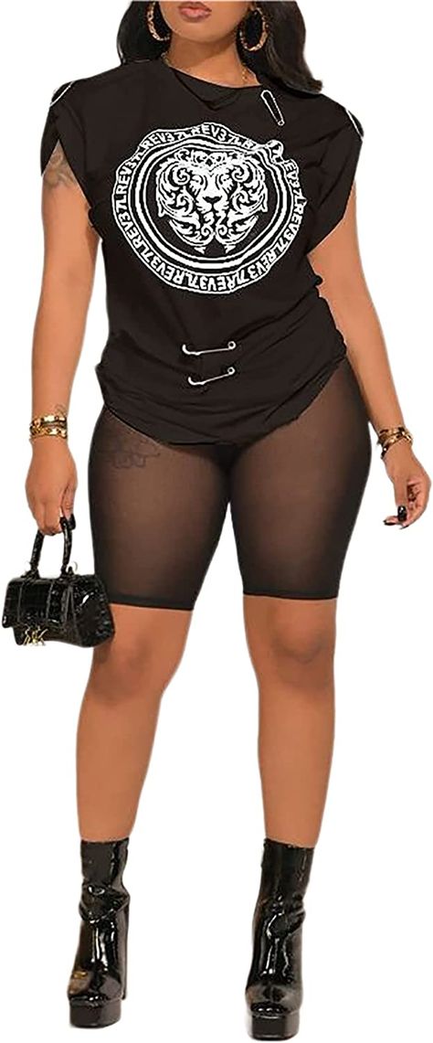 Amazon.com: Atyfuniby Womens Sexy Two Piece Outfits Printed T Shirts Blouse and Mesh See Through Skinny Shorts Sets : Clothing, Shoes & Jewelry Sheer Biker Shorts Outfit, Sheer Shorts Outfit, Mesh Shorts Outfit Black Women, Mesh Outfit Ideas, Mesh Leggings Outfit, Simply Outfit, Mesh Shorts Outfit, Beyoncé Concert, Concert Hair