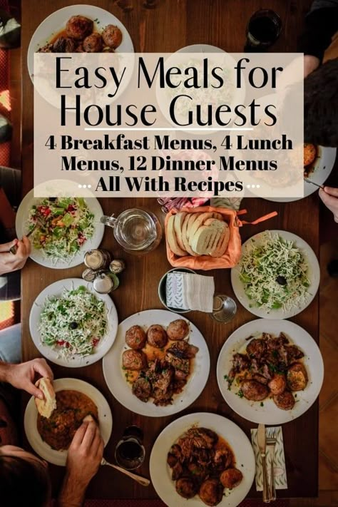 4 breakfast menus, 4 lunch menus, and 12 dinner menus all with recipes. This is a great resource to make entertaining house guests easy! Lunch Menu For Guests, Meals For House Guests, Dinner Guests Recipes, Entertaining Food Dinner, Easy Entertaining Dinner, Entertaining Dinner, Meal Planning Menus, Entertaining Food, House Guests