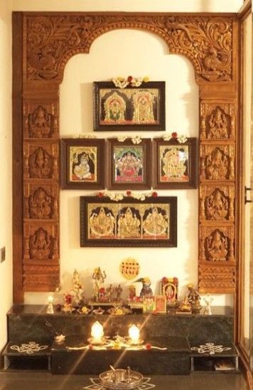 Hindu Altar Ideas Home, Prayer Room Ideas Hindu, Home Decor Indian, Front Door Design Wood, Wood Bed Design, Easy Room Decor, India Home Decor, Carved Wood Wall Art, Temple Design For Home