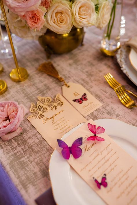 Butterfly Theme Dinner Party, Butterfly Menu Design, Butterfly Wedding Table, Metamorphosis Theme Party, Butterfly Birthday Party Table Decor, Butterfly Place Setting, Butterfly Centerpieces Wedding, Butterfly Themed Table Setting, Butterfly Bridal Shower Ideas Table Settings