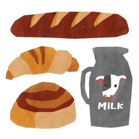 Croissant Illustration Drawings, Bread Poster Design, Desserts Illustration, Bread Illustration Design, Bread Drawing, Milk Illustration, Bread Illustration, Cooking Illustration, Bakery Illustration