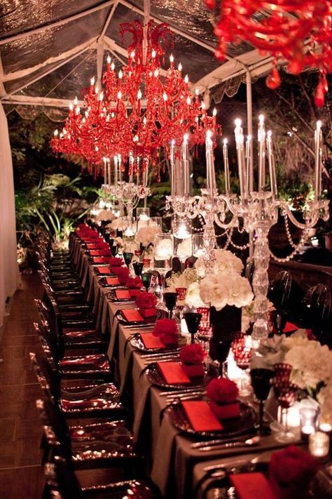 Dramatic red is not for your shy bride~Thomas Bui Lifestyle Moulin Rouge Wedding, Tent Event, Aisle Planner, Red Chandelier, The Wedding Planner, Private Estate Wedding, Weddings Receptions, List Of Flowers, Pipe And Drape