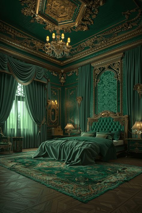 29 Emerald Green Art Deco Bedroom Ideas - Courtneys World Princess Tiana Room, Black Guest Room, Train Bathroom, Royal Bedroom Design, Ideas For Small Bedrooms, Royal Room, Art Deco Home Decor, Castle Bedroom, Royal Bedroom