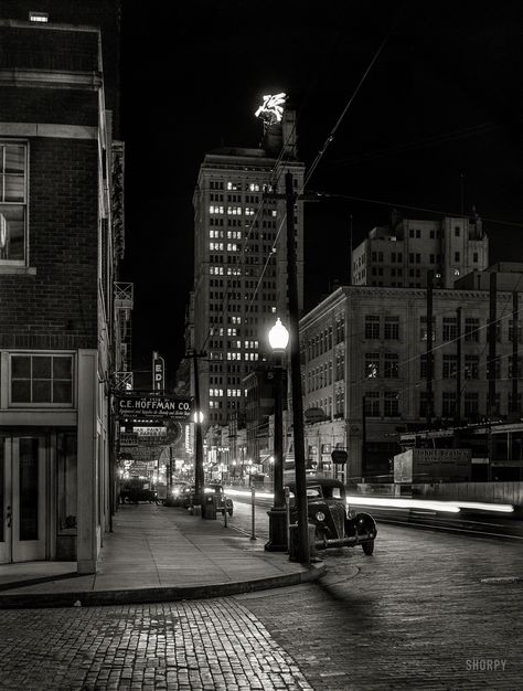 January 1942. "Night view, downtown section. Dallas, Texas." Medium format negative by Arthur Rothstein for the Office of War Information. Shorpy Historic Picture Archive Film Noir Photography, Framed Poster Art, Hanging System, Downtown Dallas, Underworld, Source Of Inspiration, After Dark, Vintage Photography, White Photography