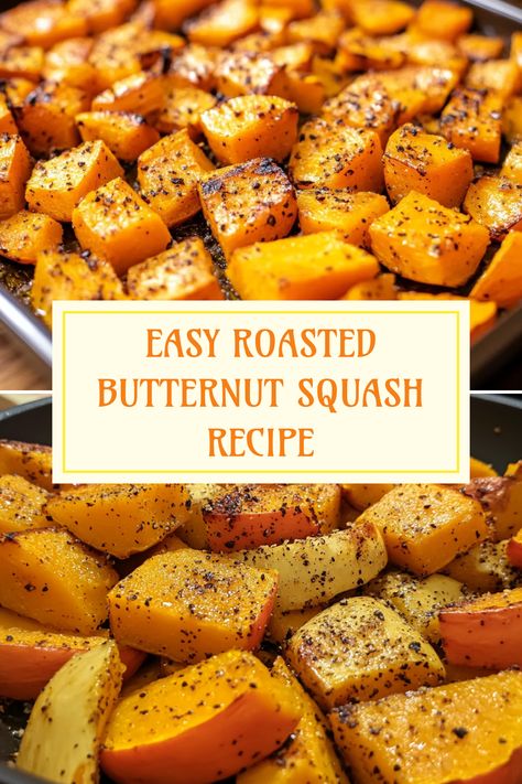 A delightful guide to making easy roasted butternut squash with two images showcasing preparation steps and the final beautifully roasted dish. Spices For Butternut Squash, Quick Butternut Squash Recipes, How To Bake Butternut Squash In Oven, How To Roast Butternut Squash, How To Roast Butternut Squash In Oven, How To Cook Butternut Squash In Oven, Roasting Butternut Squash Oven, Butternut Squash Roasted Recipes, Roast Butternut Squash Recipes