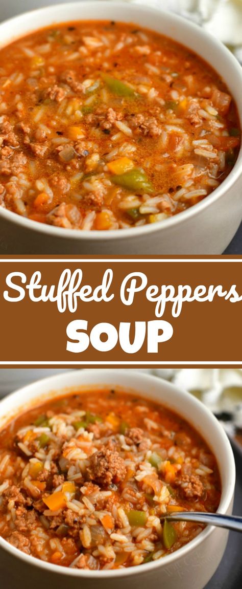 This stuffed peppers soup recipe is made with a variety of fresh ingredients including ground beef, fresh vegetables, and rice. You can use homemade broth for even more flavor. It's a great comfort food version of the classic dish!#beef #groundbeef #rice #soup #dinner #easydinner Homemade Stuffed Pepper Soup, Ground And Rice Recipes, Fall Time Soup Recipes, Dinner To Make As A Couple, Ground Beef Rice Tomato Soup, Ground Beef And Chicken Broth Recipes, Dinner Recipe For Cold Weather, Few Ingredient Soups, Healthy Small Dinner Ideas