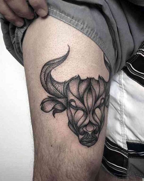 Flowered tattoo with a bull on back of triceps. #taurus #zodiac #zodiacsign #astrology #horoscope Ox Tattoo, Taurus Bull Tattoos, Thigh Tattoo Men, Taurus Constellation Tattoo, Bull Tattoo, Taurus Art, La Tattoo, Horoscope Tattoos, Thigh Tattoo Designs